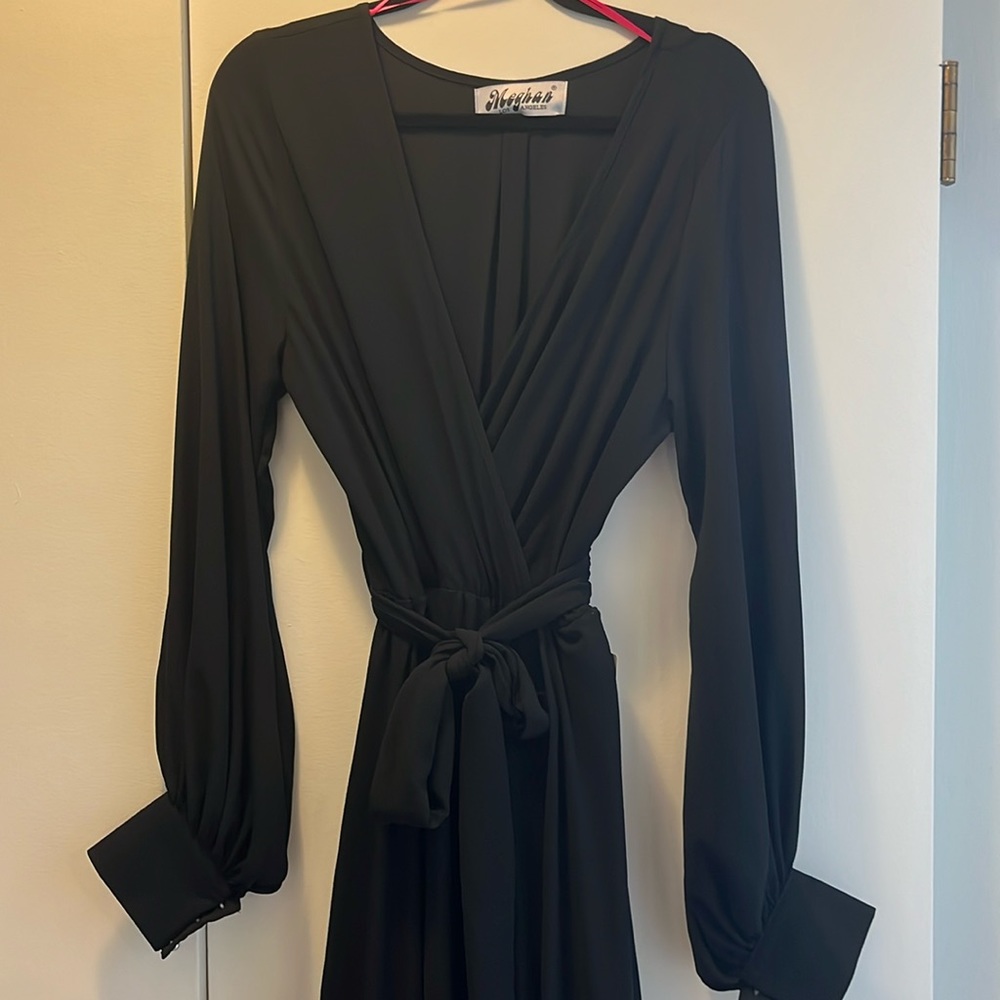 Women’s Full Length Black Formal Gown with Pearl Detailing on Sleeves